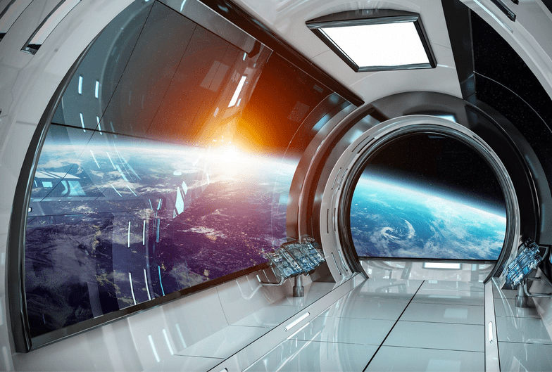 Spaceship corridor with Earth view.