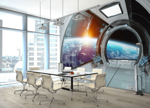 Spaceship mural in modern office.