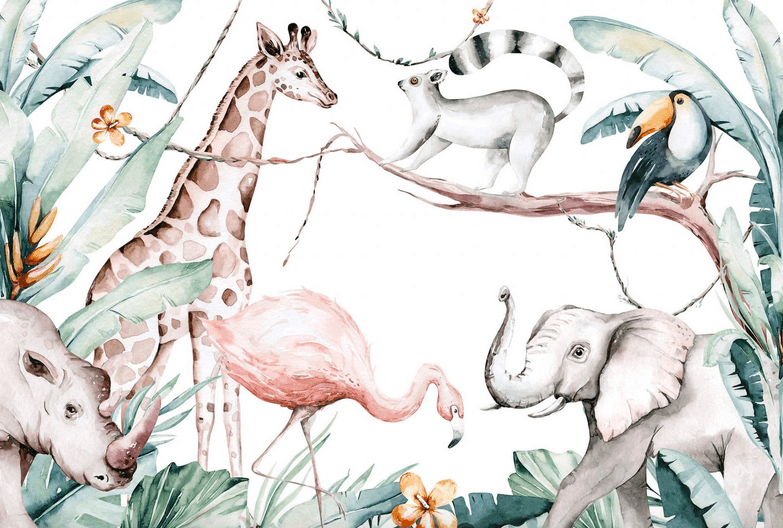 Giraffe, flamingo, elephant, and jungle animals.