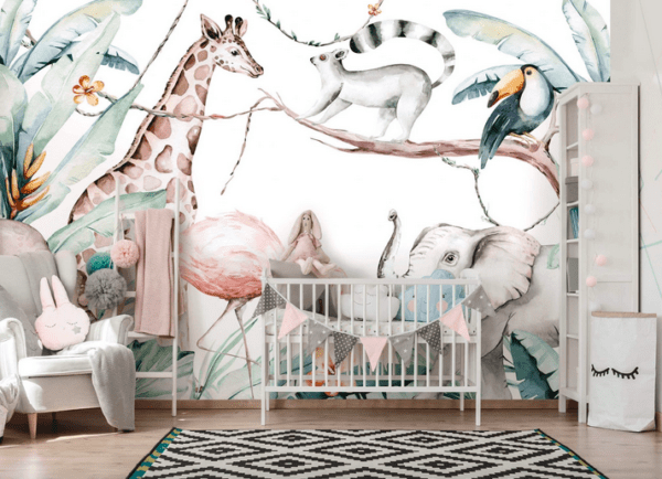 Tropical animals nursery wall mural.