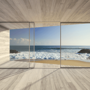 Ocean view through large sliding doors.