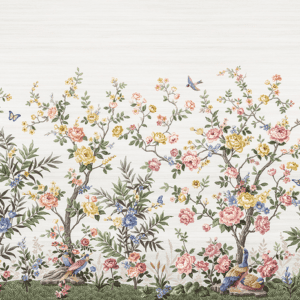 Floral wallpaper with birds and butterflies.