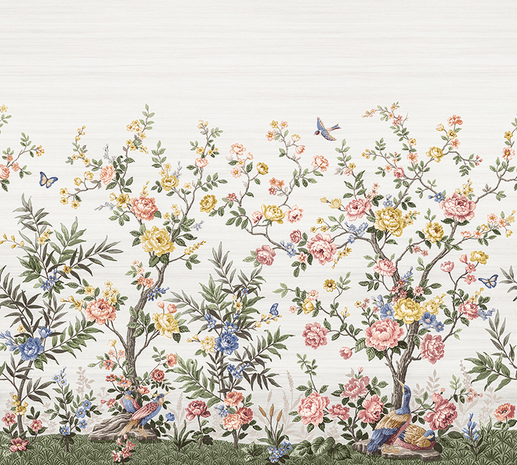 Floral wallpaper with birds and butterflies.