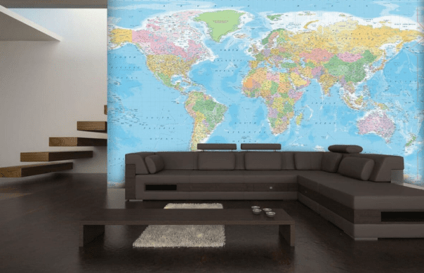 Detailed world map wall mural.