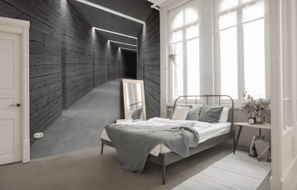 Grey concrete hallway bedroom wall mural.