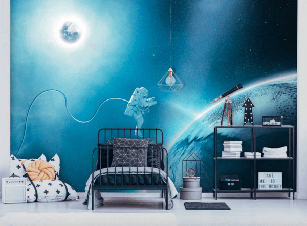 Astronaut space wallpaper, teal room.