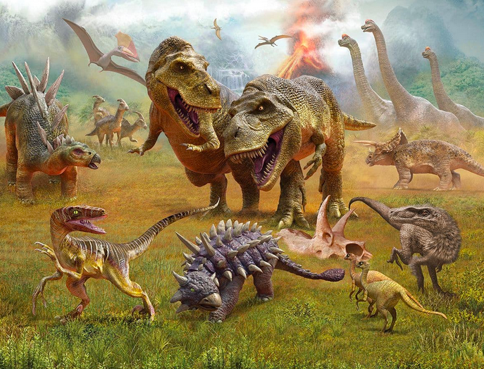 Many dinosaurs in prehistoric landscape.