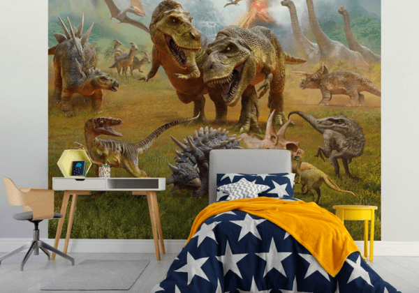 Dinosaur mural, prehistoric scene.