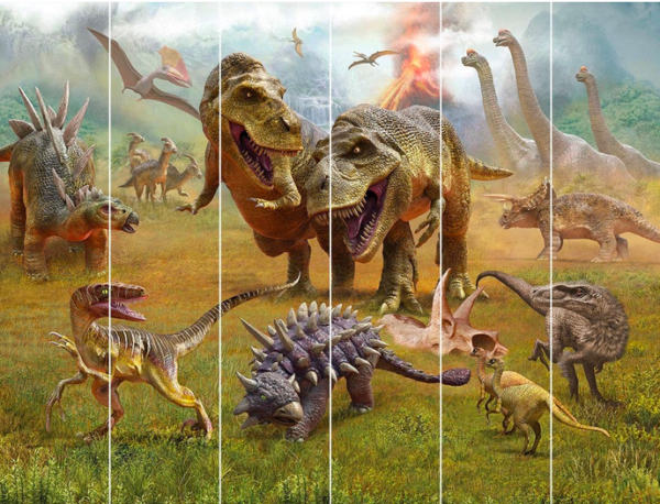 Here's an alt tag for the image: Dinosaurs prehistoric scene landscape.