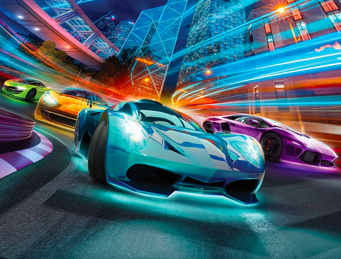 Here's an alt tag for the image: Fast cars racing city night.