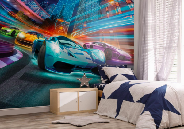 Kids' bedroom mural: racing cars.