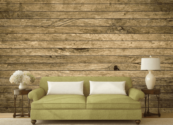 Rustic wood wall with green couch.