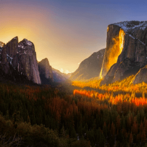 Sunset Yosemite Valley autumnal landscape.