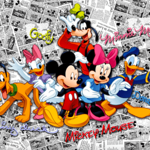 Disney cartoon characters on newspaper background