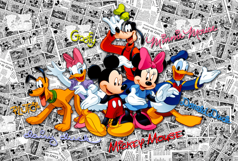 Disney cartoon characters on newspaper background