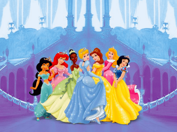 Disney princesses in beautiful gowns.