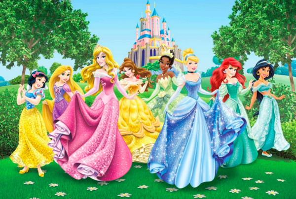 Disney princesses by the castle.