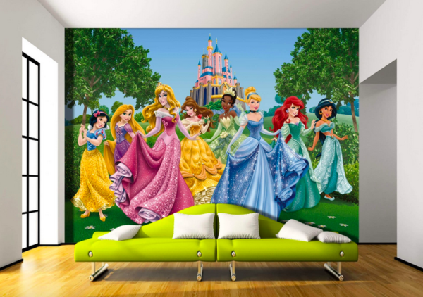 Disney princesses mural; castle backdrop.