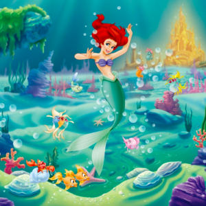 Ariel swims in underwater kingdom.