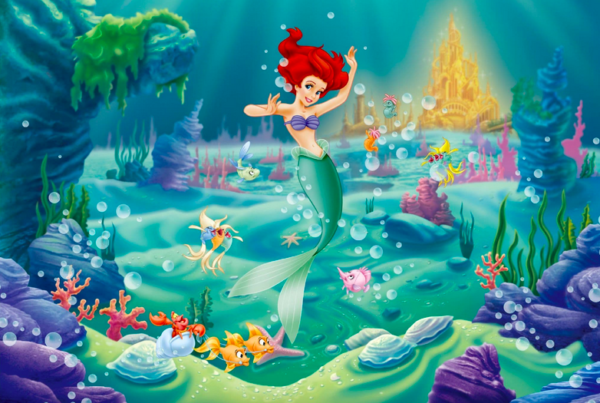 Ariel swims in underwater kingdom.