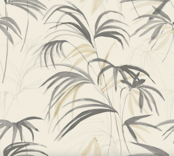 Gray and beige palm leaf wallpaper.