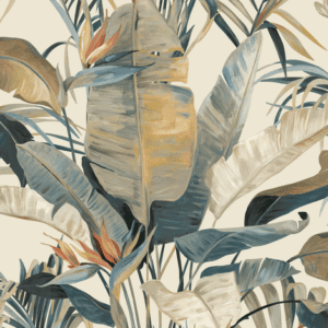 Tropical leaf wallpaper, muted tones.