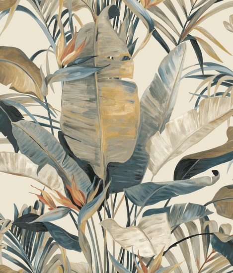 Tropical leaf wallpaper, muted tones.