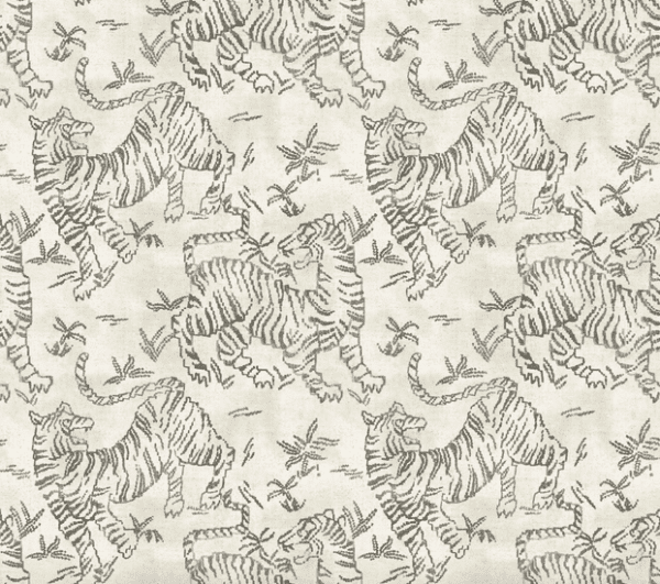 Repeating pattern of grey tigers on beige.