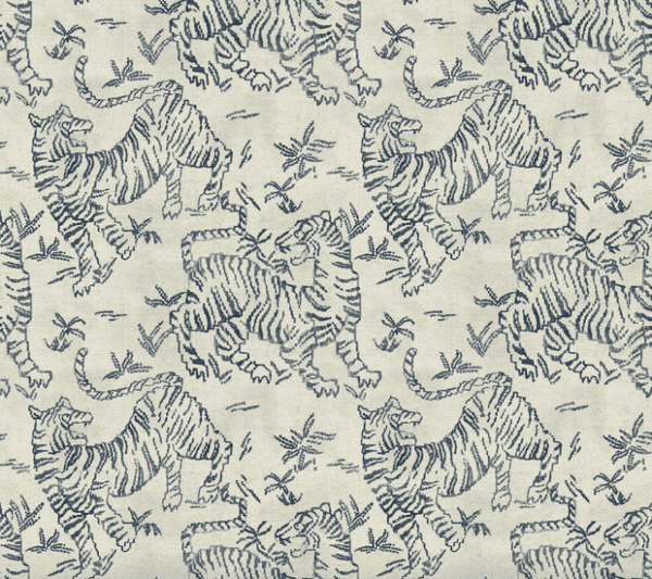 Repeating pattern of navy tigers on beige.