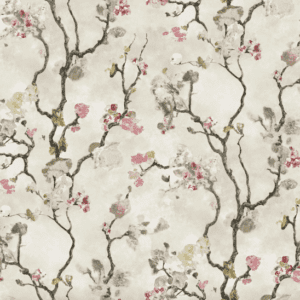 Beige floral wallpaper with pink blossoms.