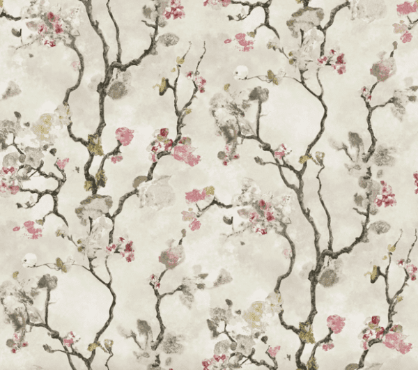 Beige floral wallpaper with pink blossoms.