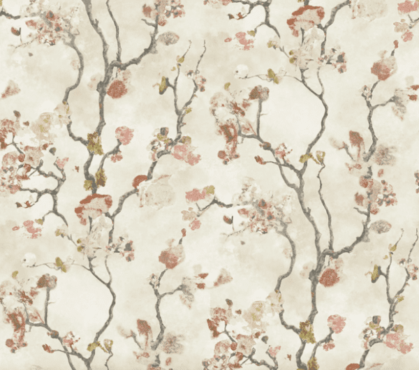 Beige floral wallpaper with branches.