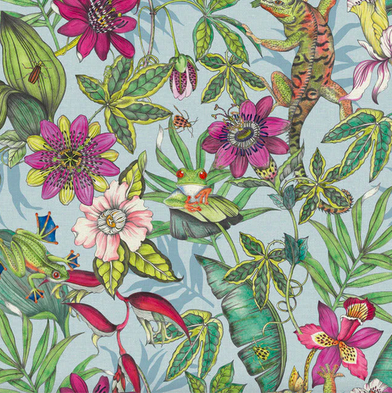 Tropical floral print with frogs and lizards.