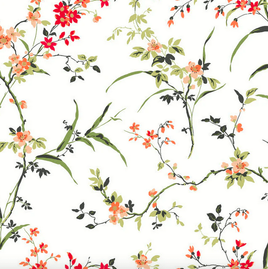 Floral pattern, red and peach blossoms.