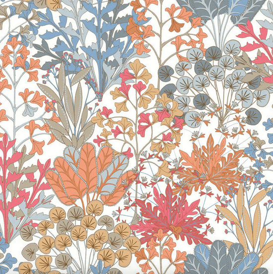 Floral pattern, peach, coral, blue.