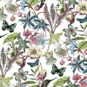 Floral pattern with butterflies and ferns.