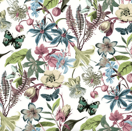 Floral pattern with butterflies and ferns.