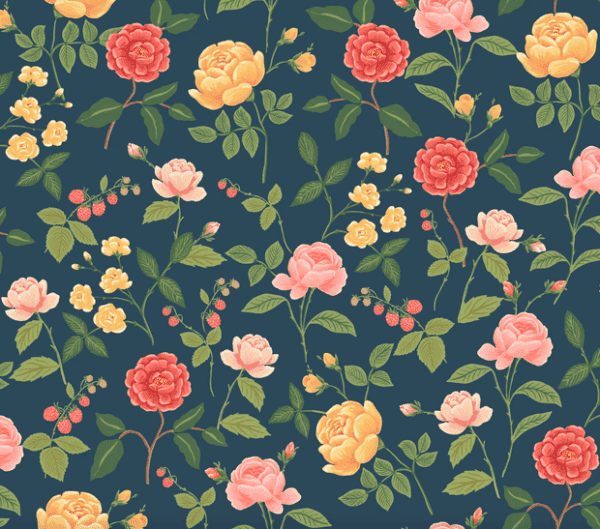 Floral pattern, roses, berries, navy background.