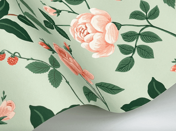 Floral wallpaper: peach roses, green leaves.