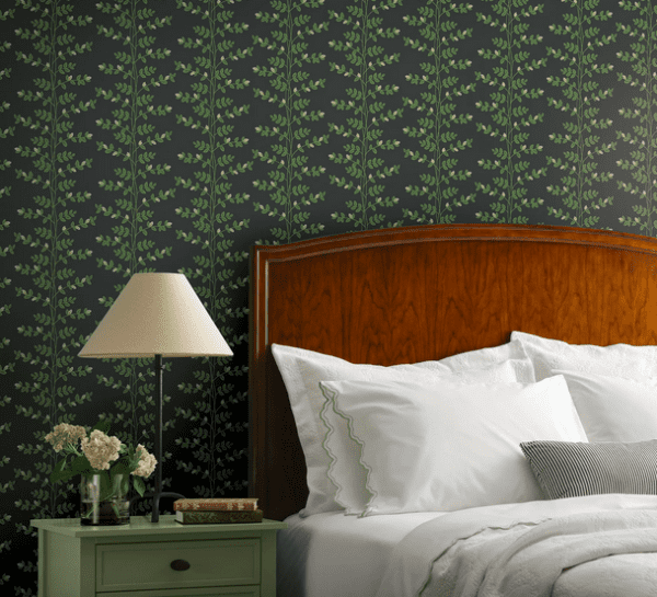 Dark floral wallpaper in bedroom setting.