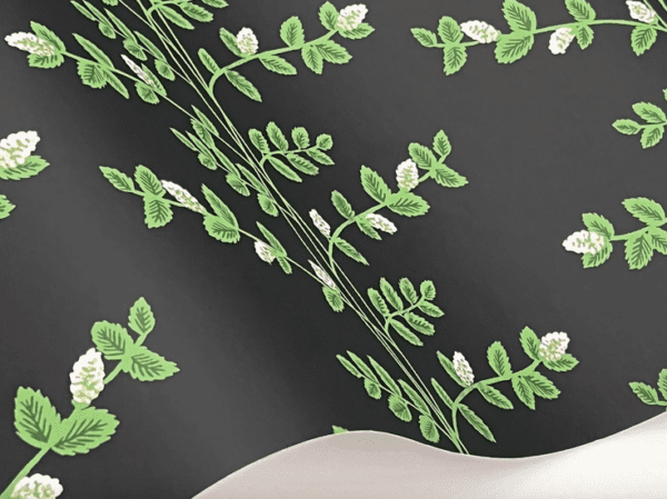 Black background, green floral wallpaper.