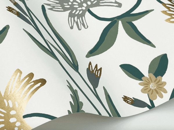 Floral wallpaper in gold and green.