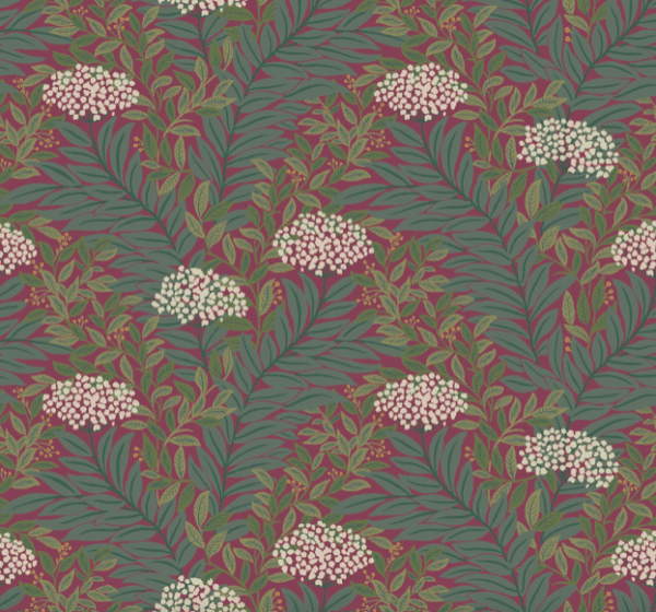 Floral wallpaper, pink flowers, green leaves.