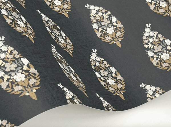 Dark floral paisley wallpaper roll.