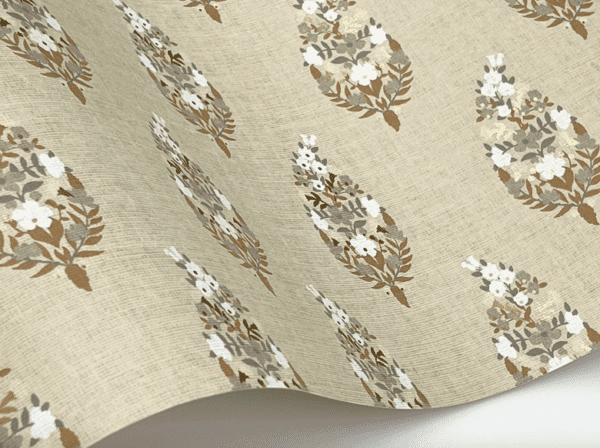 Beige fabric with brown floral paisley print.