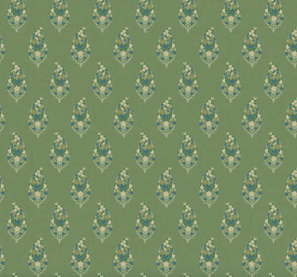 Green paisley floral textile pattern.