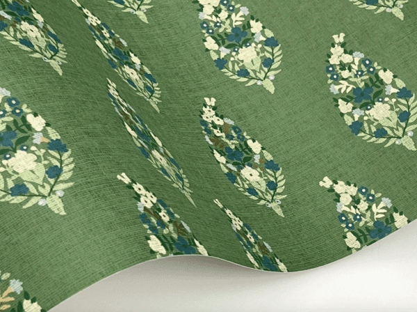 Green floral paisley fabric pattern.