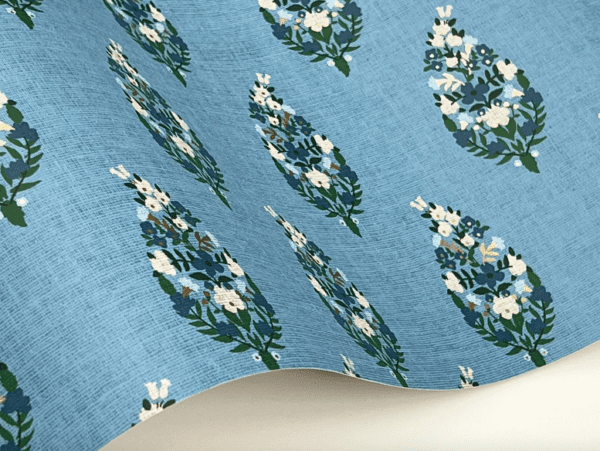 Blue floral textile fabric pattern.