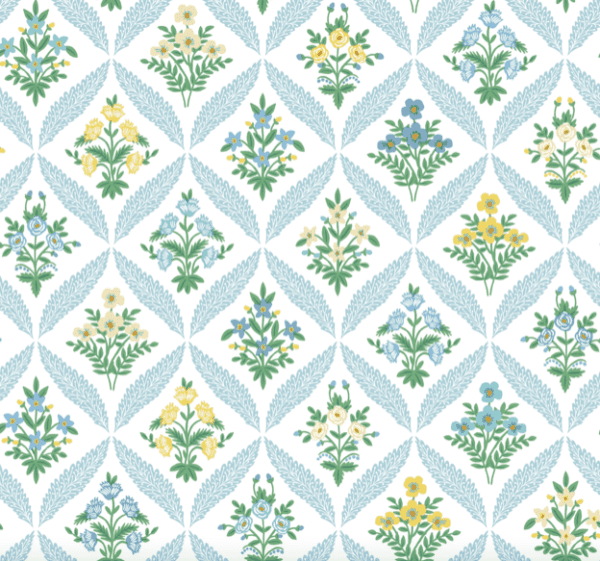 Floral pattern wallpaper, blue and white.