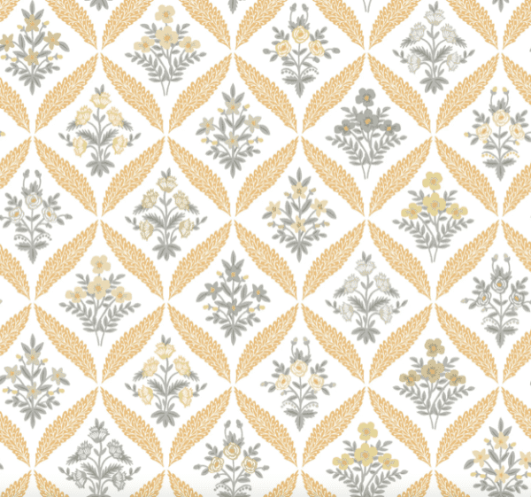 Floral pattern, grey and gold on white.